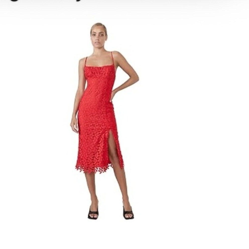 Red Floral Lace‎ Midi Dress Spaghetti Strap Square Neck Side Slit Cocktail Dress